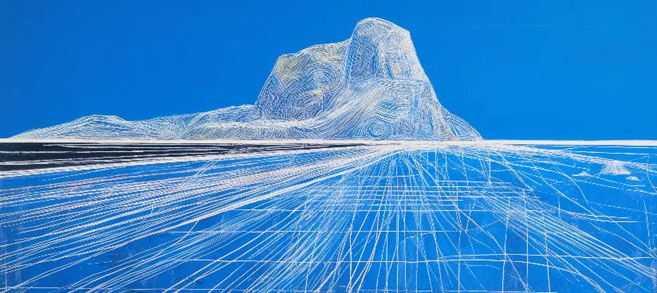 Outline rendering of the Rock of Gibraltar seen from the sea, in cobalt and indigo wireframe linework.